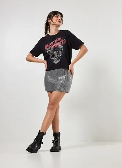 saia preta com paetê prateado