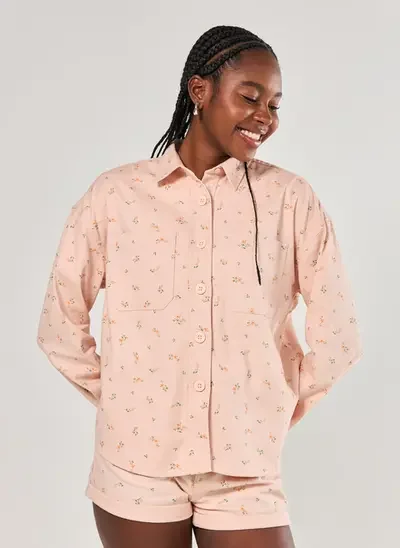 jaqueta estilo camisa sarja rosa florida