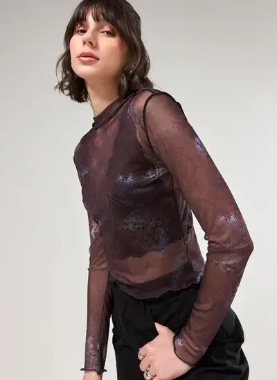 blusa manga longa tule estampado