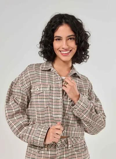 jaqueta cropped sarja xadrez