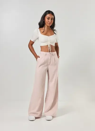 calça wide leg sarja rosa