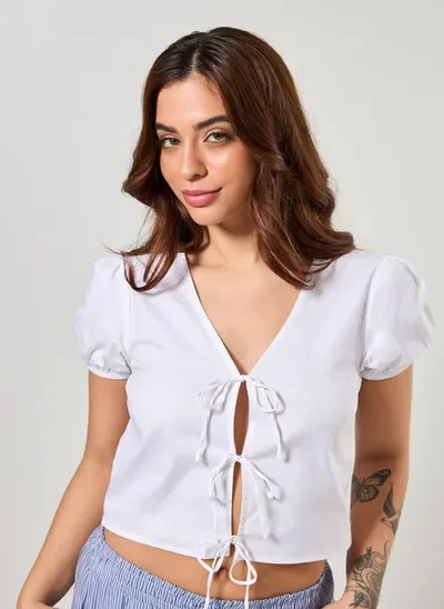 blusa amarração lacinhos off-white