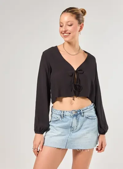 cropped manga longa amarração frontal