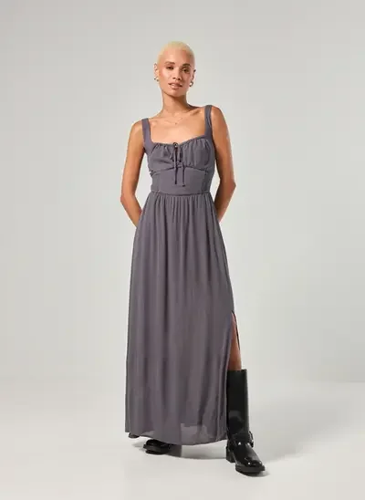 vestido longo cinza corsetado
