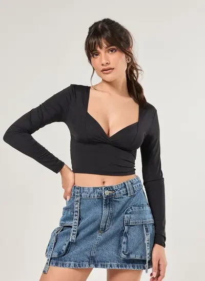 cropped manga longa decote poliamida