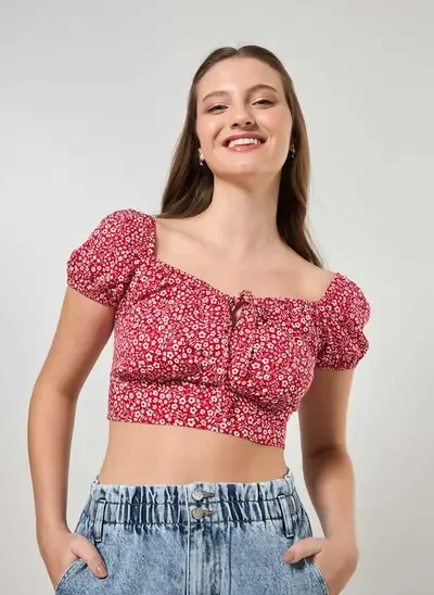 cropped vermelho florido romântico