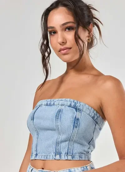 cropped jeans claro sem alças