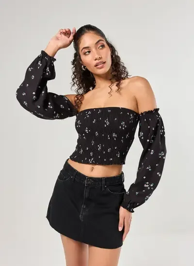 cropped manga longa preta florida lastex