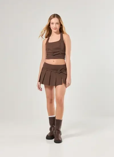 short saia sarja marrom cintura baixa
