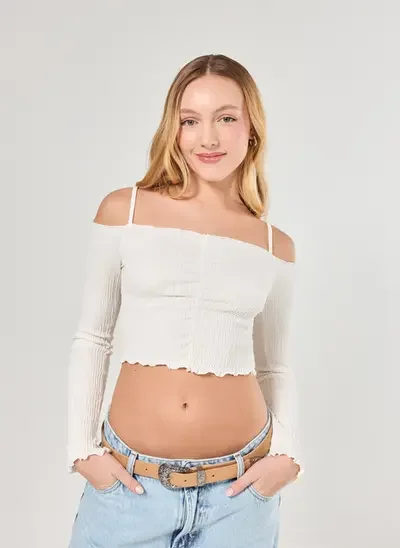 cropped manga longa ombro a ombro textura