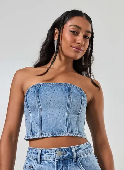 cropped jeans corselet brilho