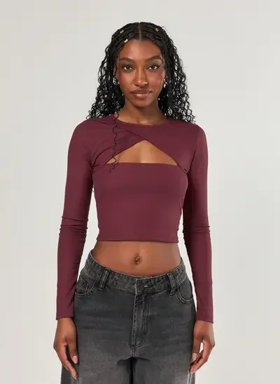 cropped manga longa recorte frontal