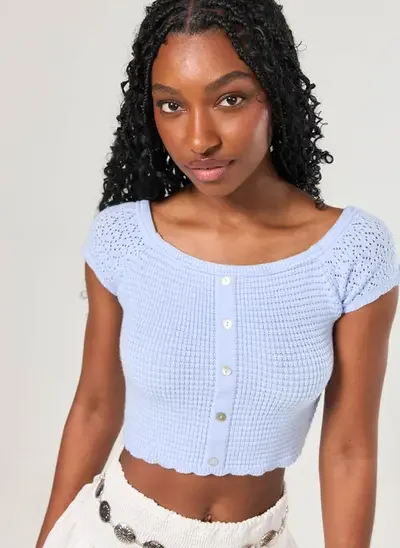 cropped azul tricô botões