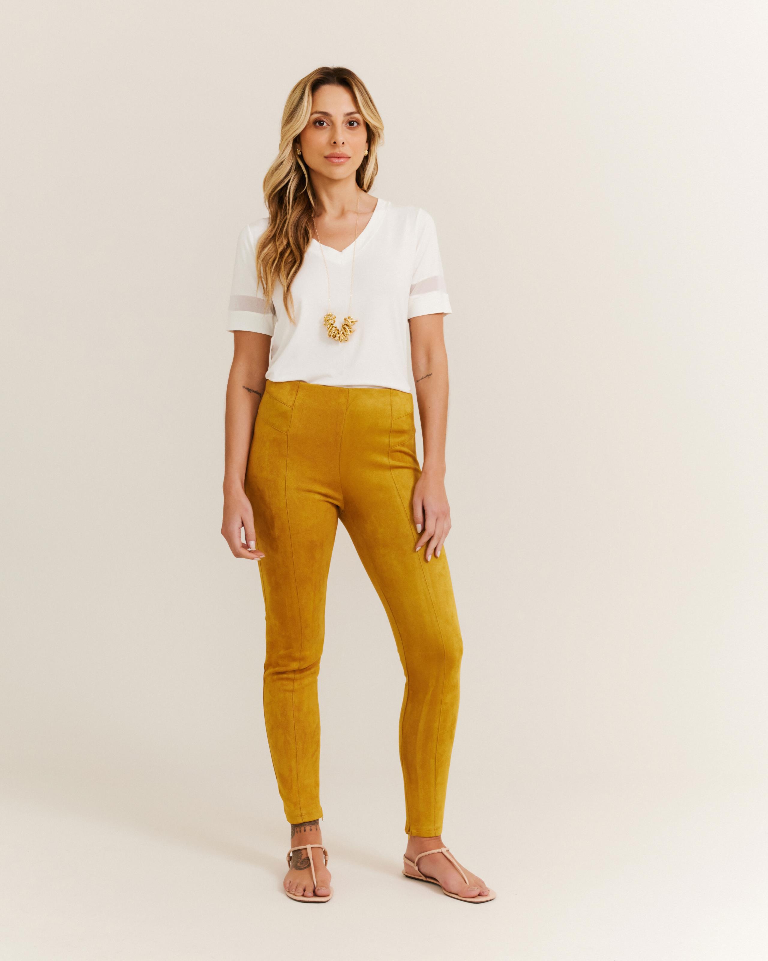 Calça Camurça Zíper Recortes - Mostarda