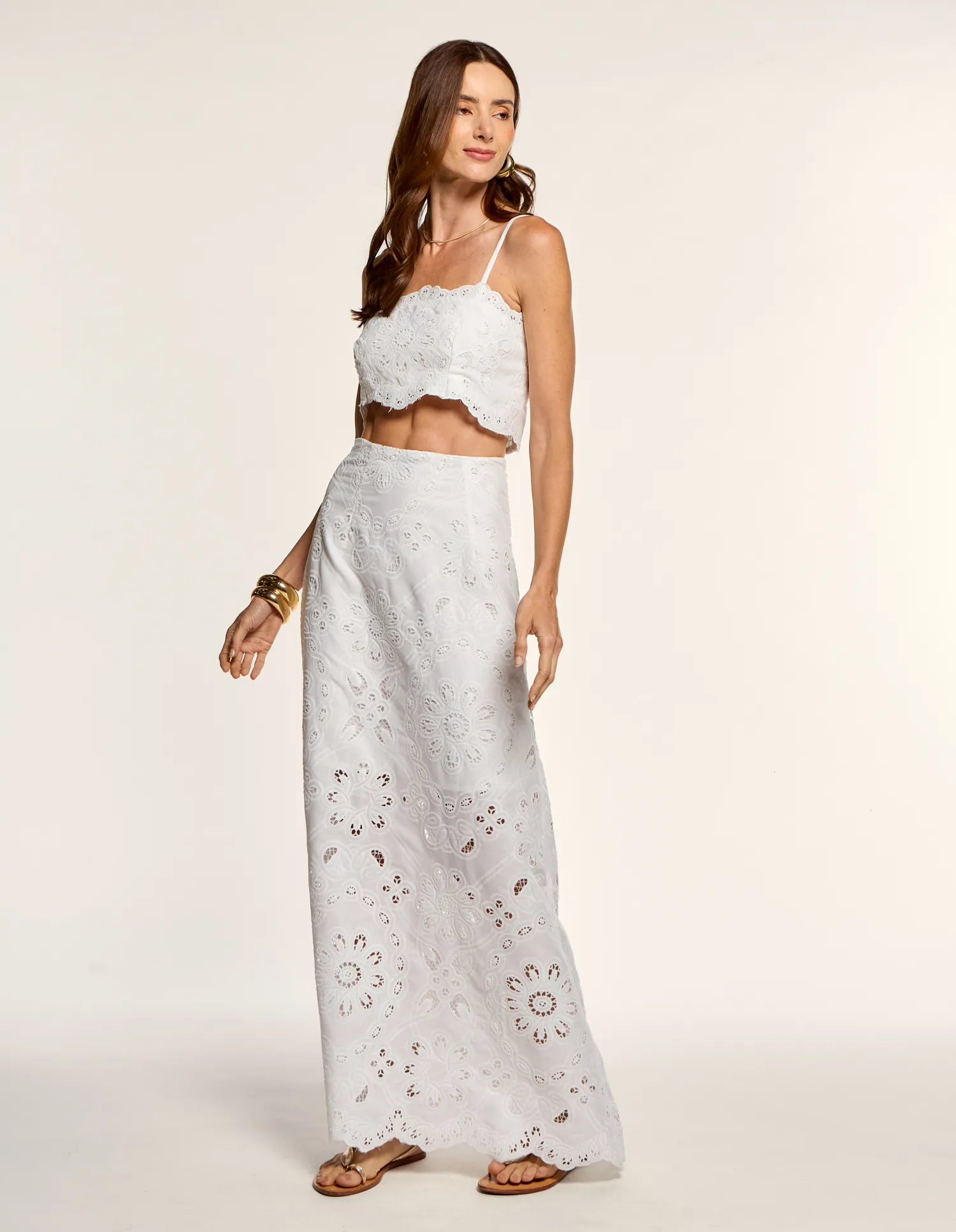 Saia Midi Laise Flores - Branco