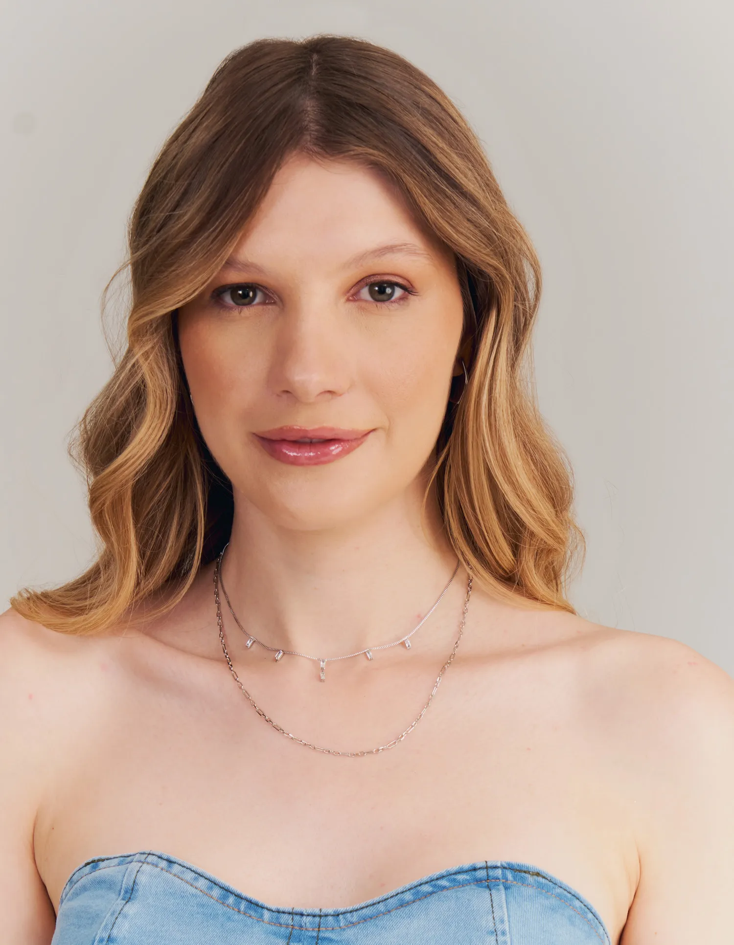 Colar Duplo Baguete Zirconia - Niquel