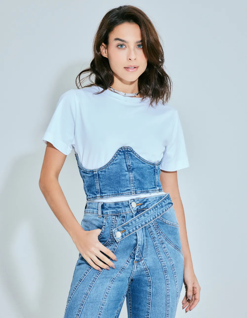 Top Corset Jeans Sobreposição - Denim Medio