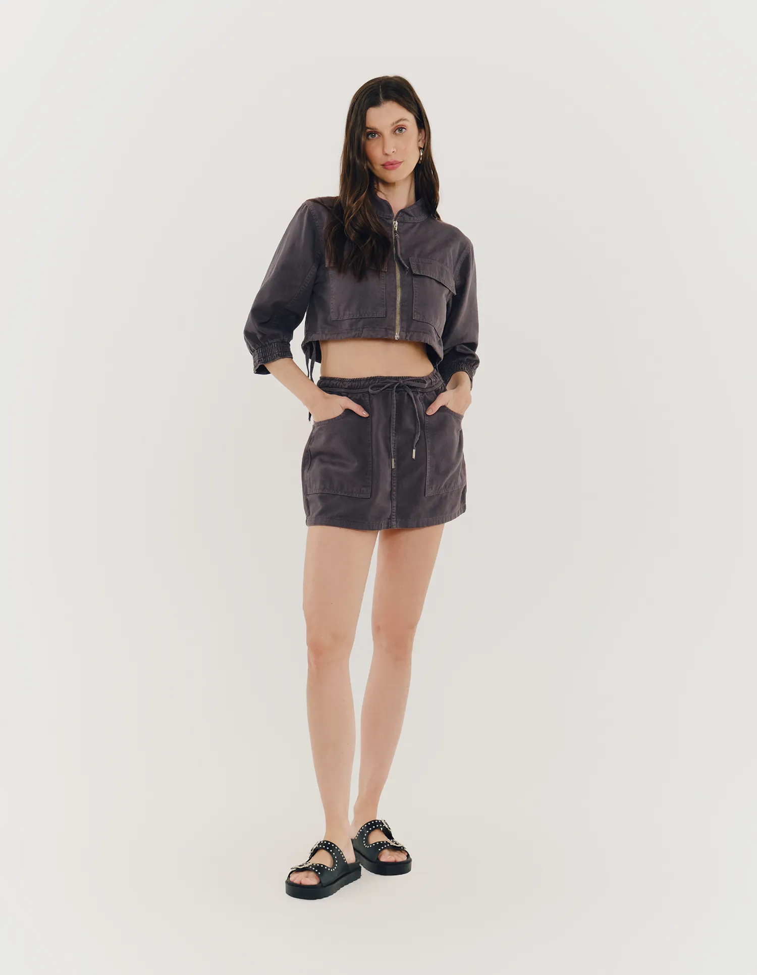 Saia Sarja Bolsos Com Ziper - Cinza