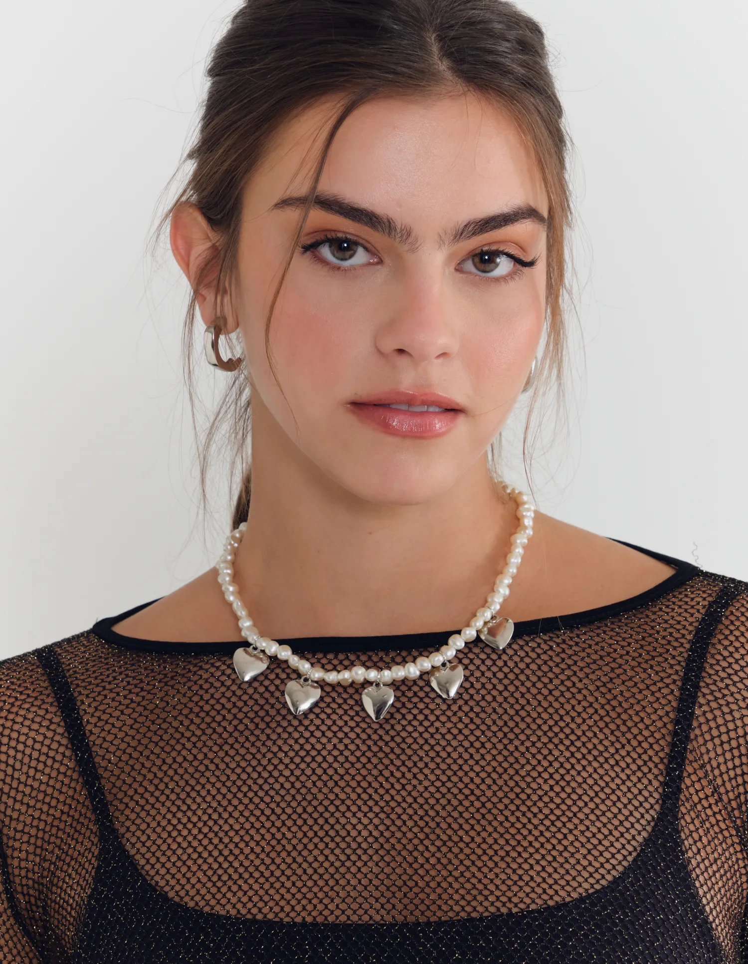 Colar Pérolas e Coração - Niquel