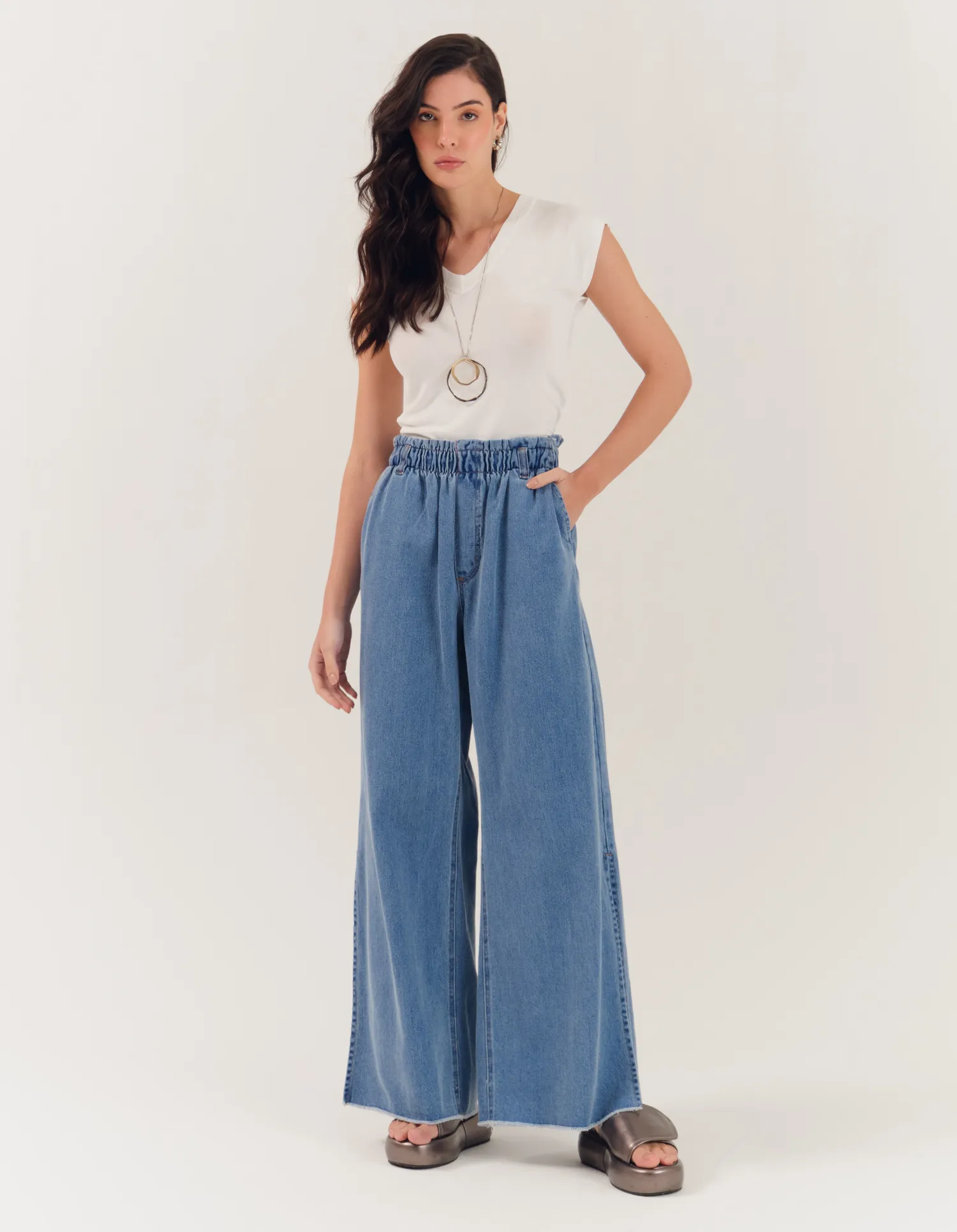 Calça Jeans Elástico Wide - Denim Claro