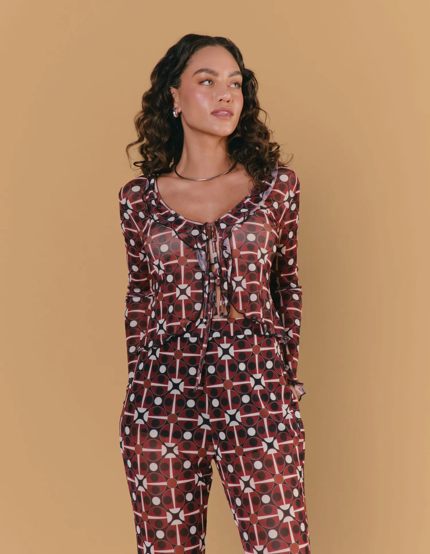 Blusa Babados Tule Estampado Vintage Bug - Vinho