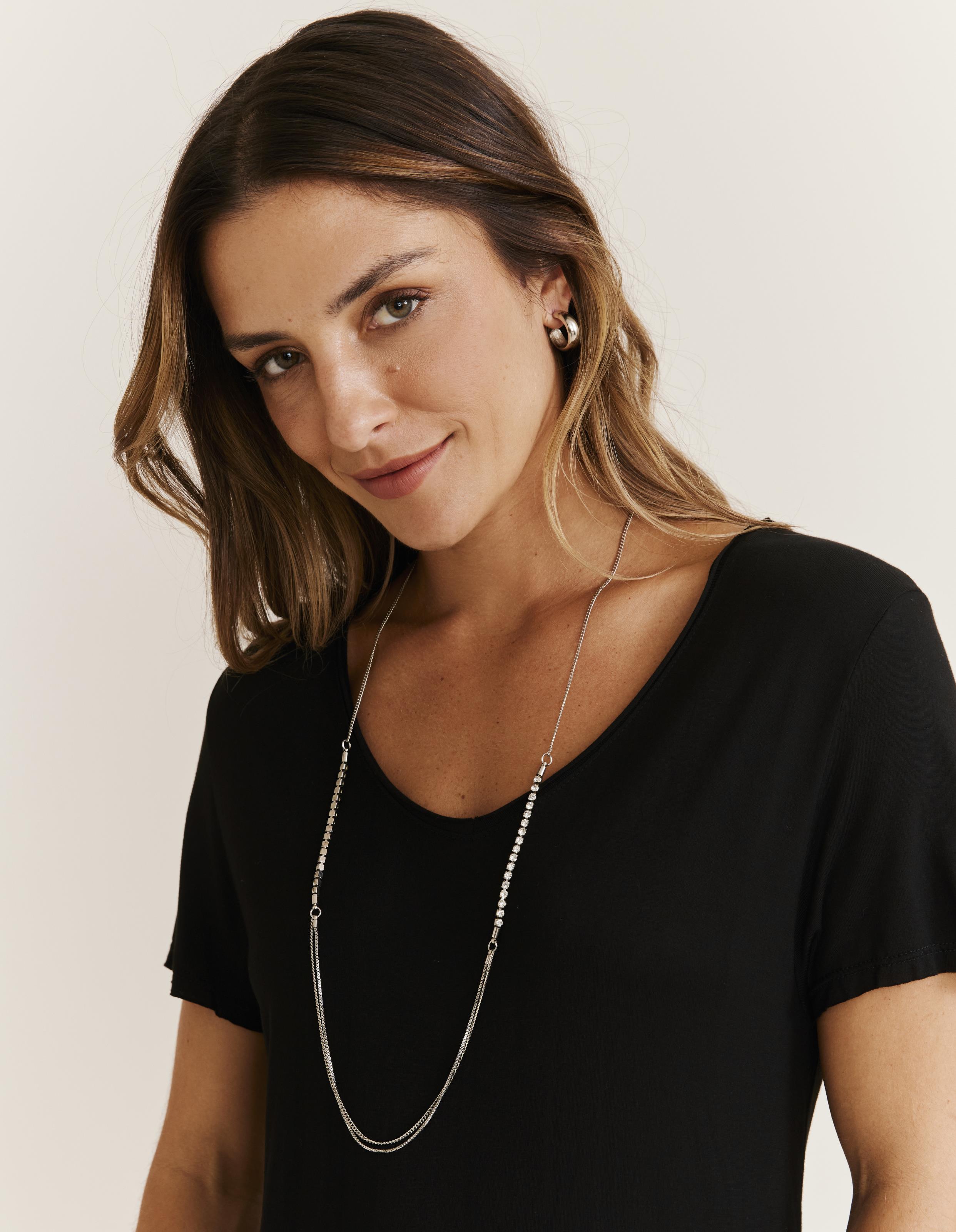 Colar Longo Detalhe Fio Strass - Niquel