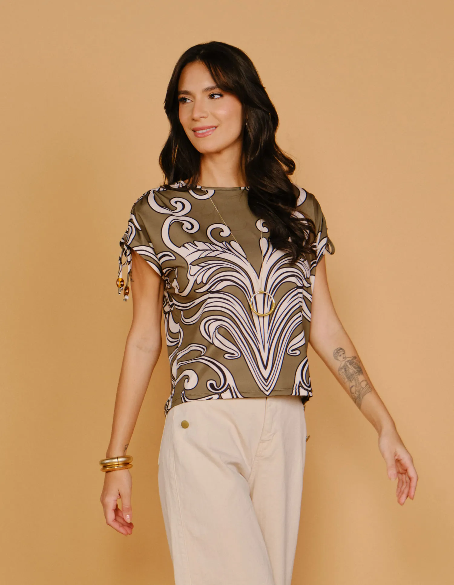 Blusa Estampado Maxi Ornamental - Verde Oliva