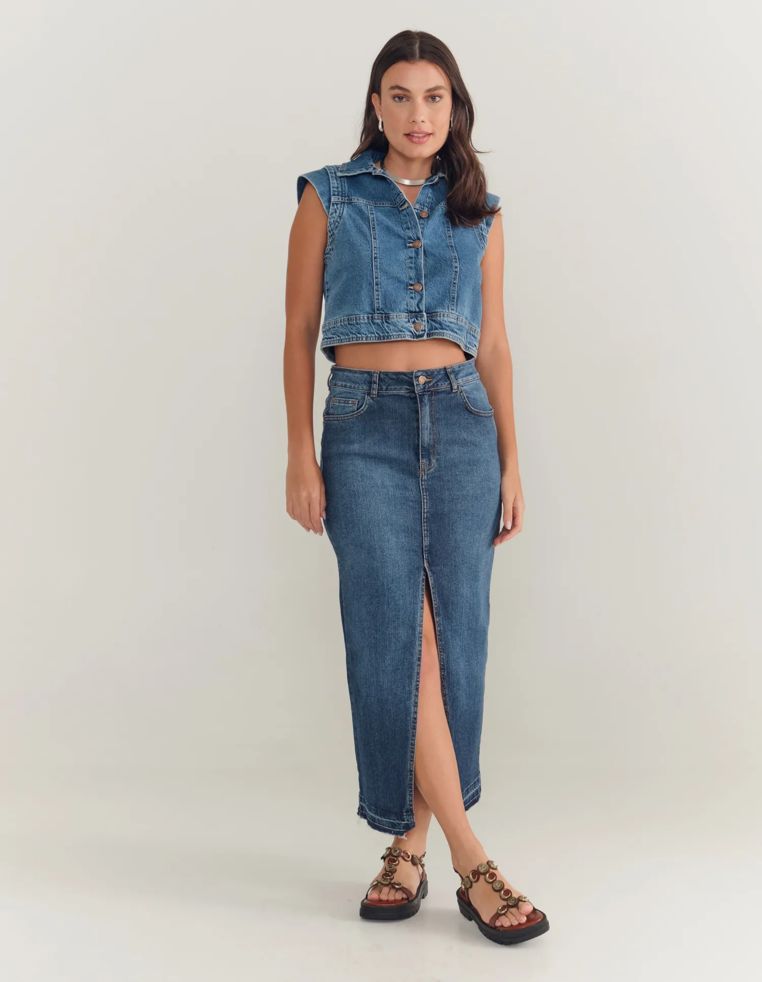 Saia Jeans Duas Fendas - Denim Medio