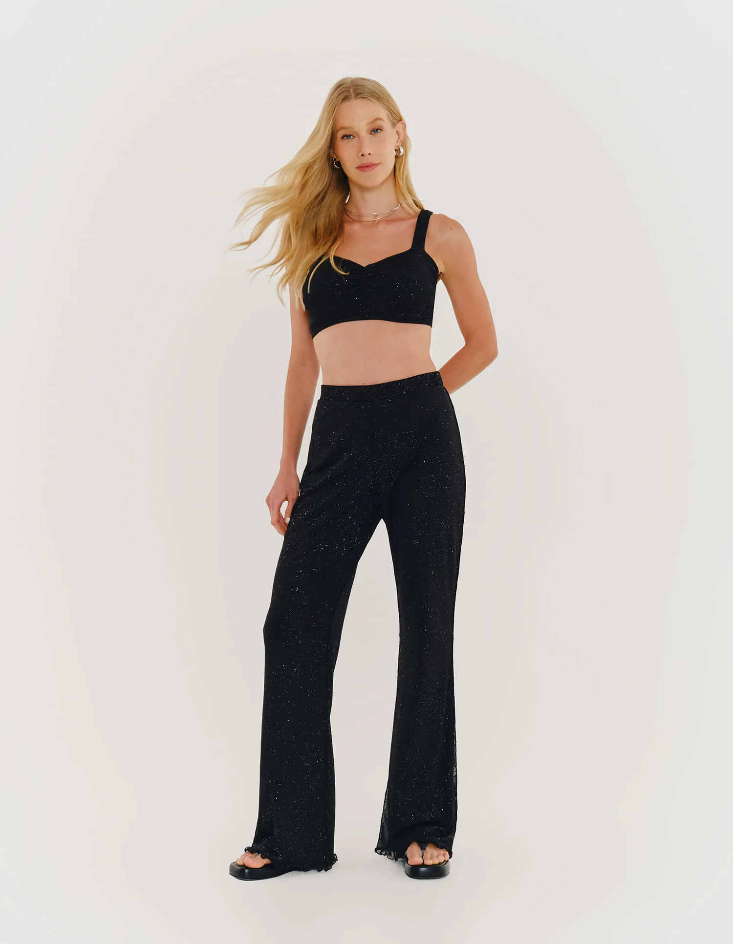 Calca Reta Tule Com Glitter - Preto